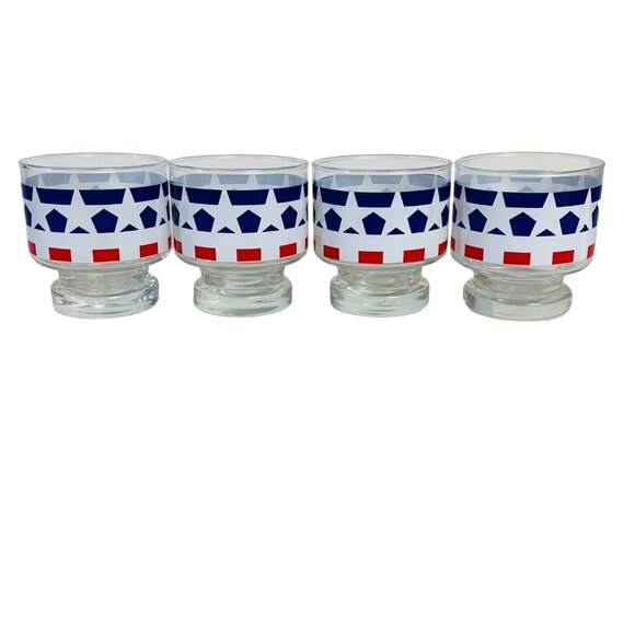USA Patriotic Pedestal Glasses Set of 4 VTG Red White Blue Star Drinkware Cockta - Picture 2 of 16